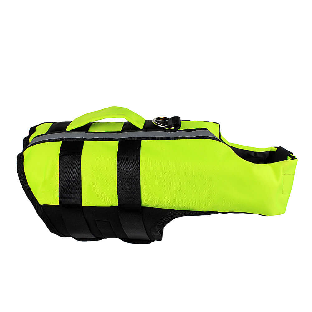 Bright green dog swimming pool life preserver vest with black straps, ideal for safety during swimming.