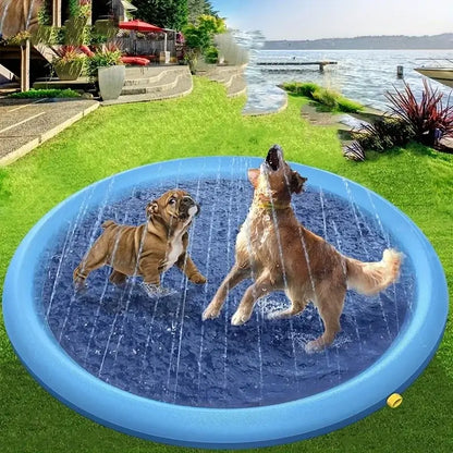 Two dogs playing in an inflatable dog swimming pool sprinkler mat with water spraying, perfect for summer outdoor fun.