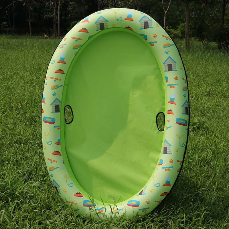Inflatable dog swimming pool float with a vibrant green interior and playful pet-themed design, ideal for summer fun.