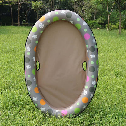 inflatable dog swimming pool float with brown polka dots design, ideal for pets to relax in water, set on grass.