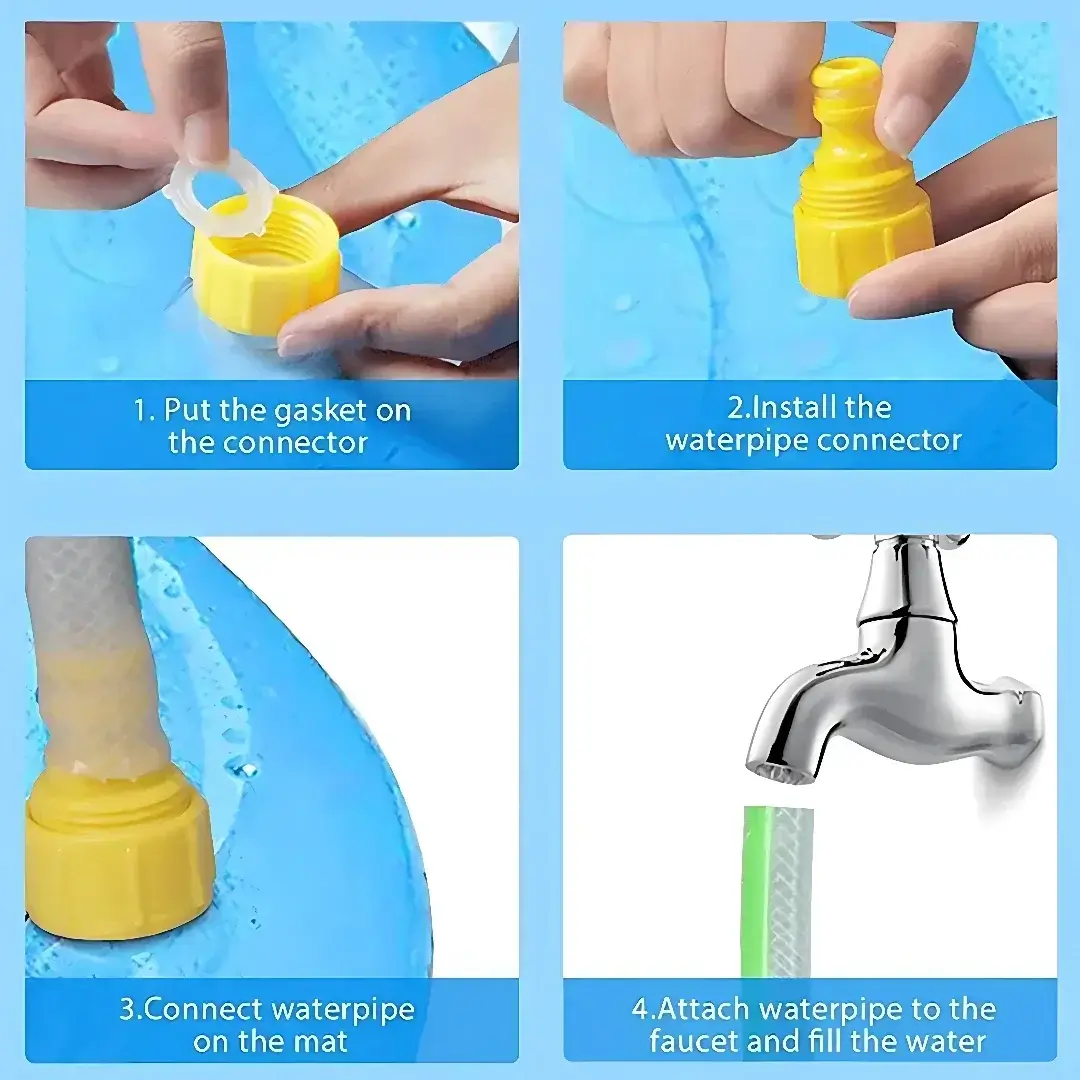 Steps to set up inflatable dog swimming pool sprinkler mat: connect, install, and attach the hose.