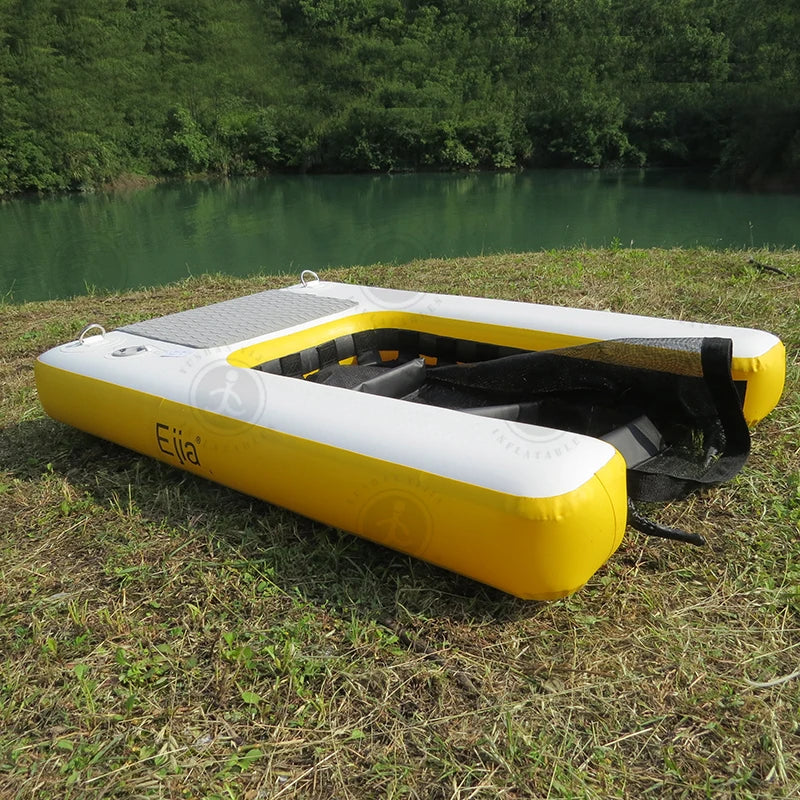 Inflatable Floating Dock Summer Dog Water Pools Platform Docks Swimming Equipment on grass by water.