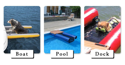 Inflatable Floating Dock Summer Dog Water Pools Platform Docks Swimming Equipment with dogs in water.