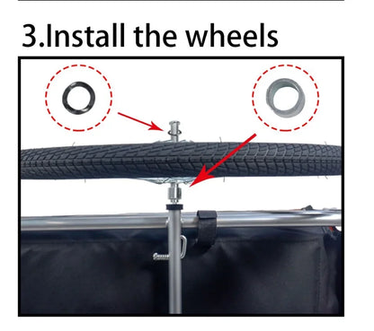 3. Install the wheels for the Outdoor Dog Carriers Small Trailer Portable Folding Storage Small Medium Dogs Travel Bicycle Trailer Dog Supplies Pet Products.