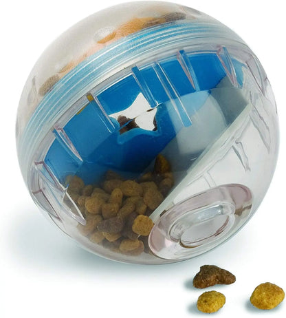 IQ Treat Ball Dog Treat Dispenser Toy Ball Interactive Dog Toy - 4" Dog Food Toy Stimulation, Slow Feeder with kibble visible.