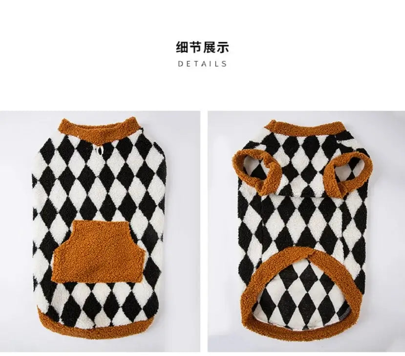 large dog fleece coat with black and white diamond plaid, warm autumn and winter dog vest for big dogs