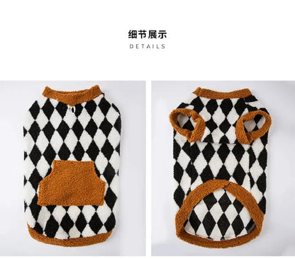 large dog fleece coat with black and white diamond plaid, warm autumn and winter dog vest for big dogs