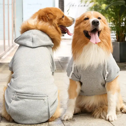 Two large dogs wearing a large dog hoodie with pockets, gray fleece hooded pet sweatshirt for spring and autumn.