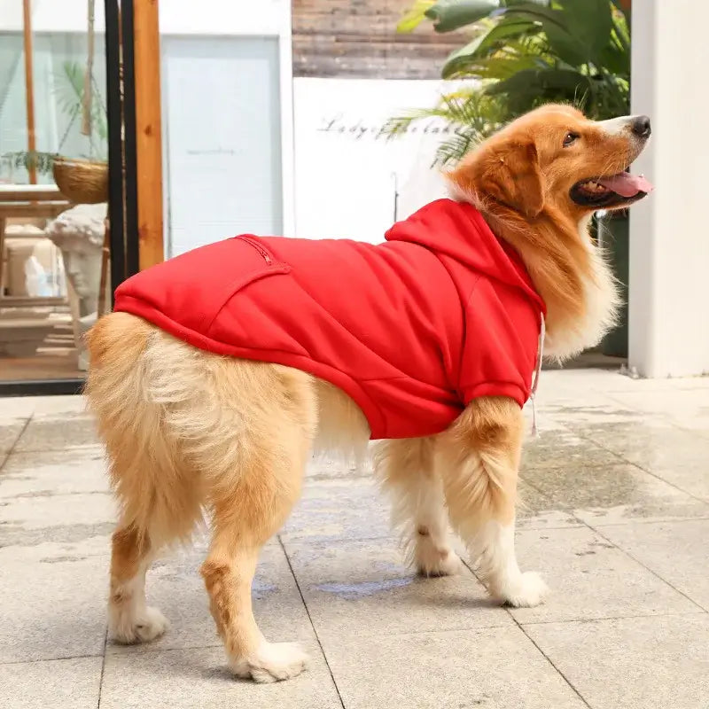 large dog hoodie with pockets red fleece pet hoodie for Golden Retriever with hat, zip pocket, and warm autumn style