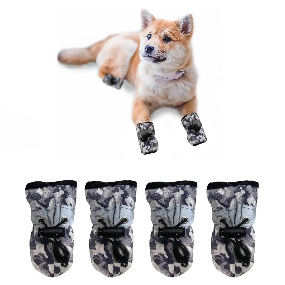 water-resistant dog shoes for large dogs, camo paw protectors for rainy weather and hot pavement, shown on a dog with four boots