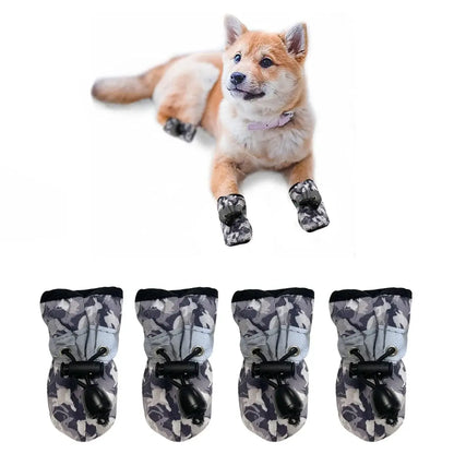 water-resistant dog shoes for large dogs, camo paw protectors for rainy weather and hot pavement, shown on a dog with four boots