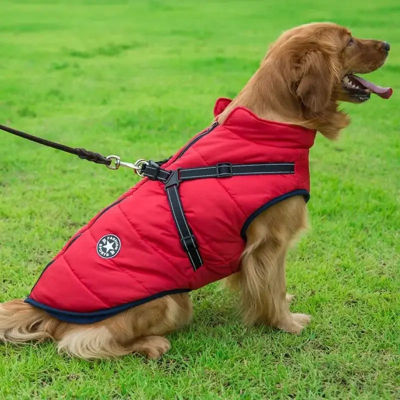 waterproof dog winter jacket with harness red insulated dog coat for large dogs, warm and splash-proof