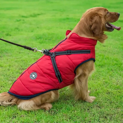waterproof dog winter jacket with harness red insulated dog coat for large dogs, warm and splash-proof