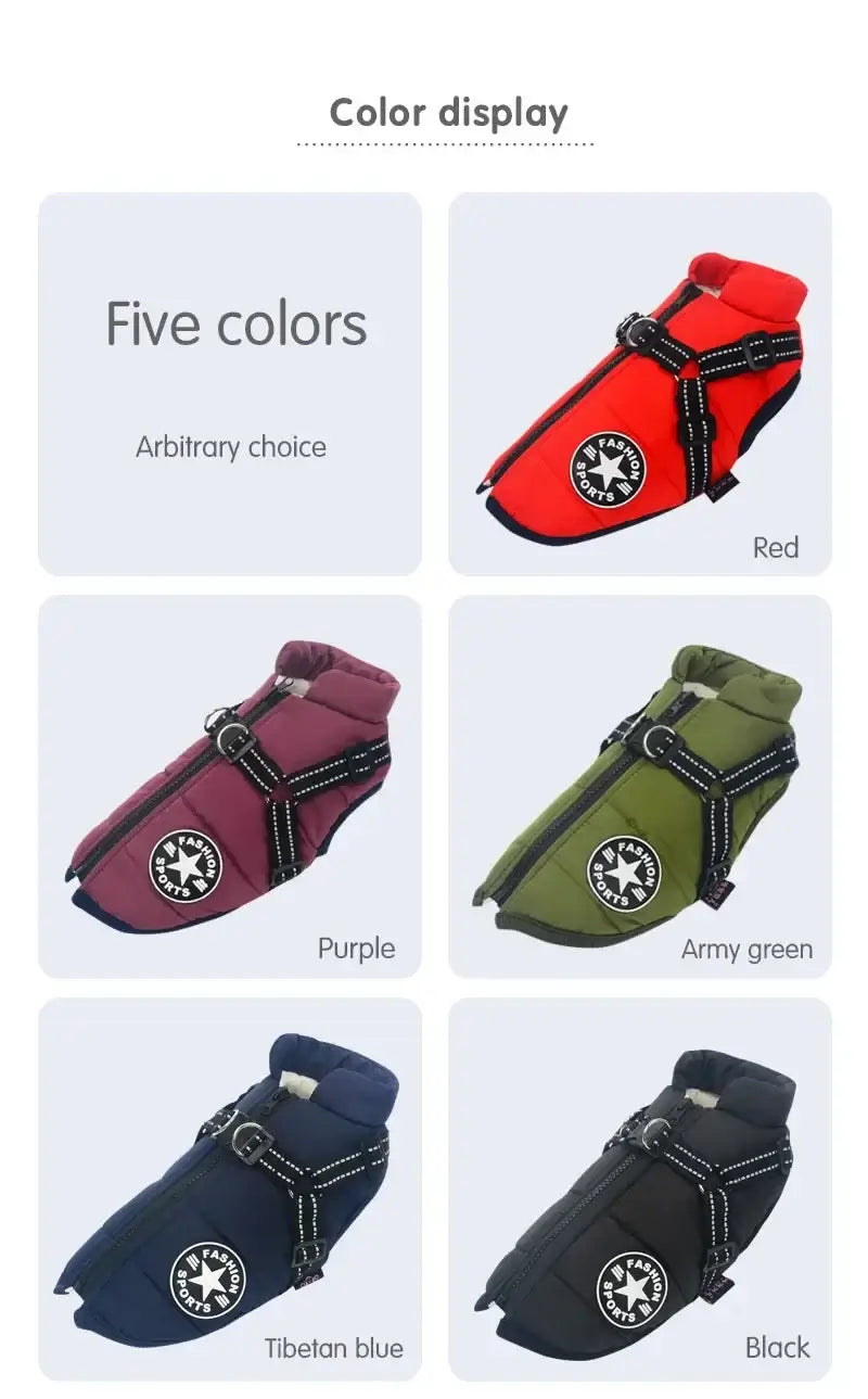 waterproof dog winter jacket with harness in five colors for small and large dogs, warm winter pet coat