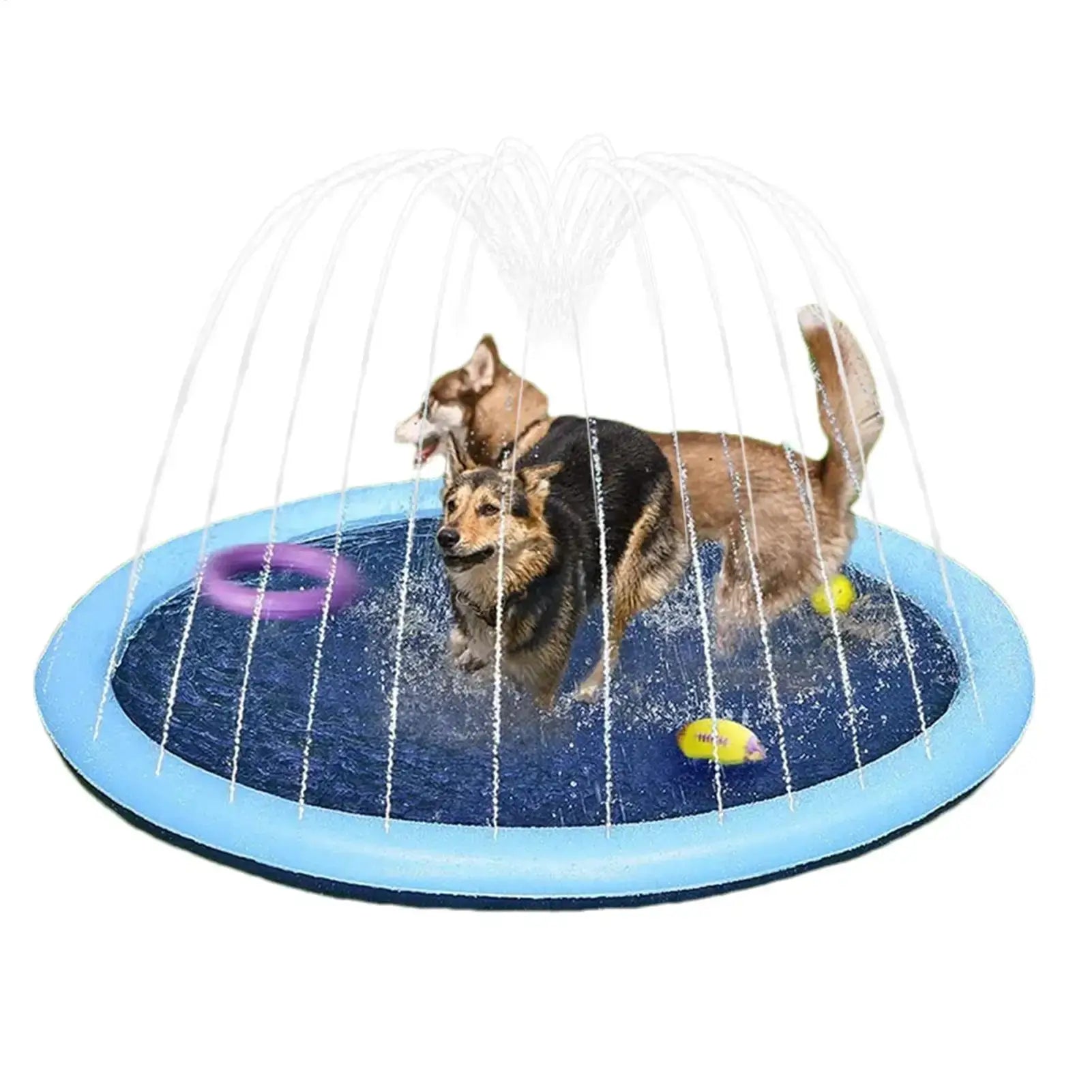 Large inflatable dog pool with dogs playing under a water fountain in a splash pad.