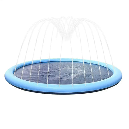 Large inflatable dog pool with fountain sprayers for pets, perfect for summer play and cooling.
