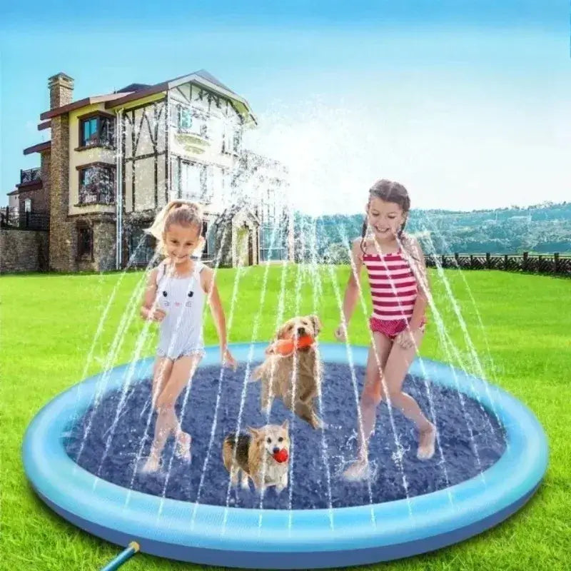 Two children playing in an inflatable dog pool outdoor splash pad with dogs, summer fun in a garden setting.