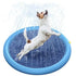 Dog playing in a large inflatable dog pool outdoor splash pad with water jets for summer fun.