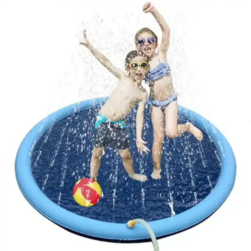 Children enjoying the inflatable dog pool outdoor splash pad with water fountain on a sunny day.