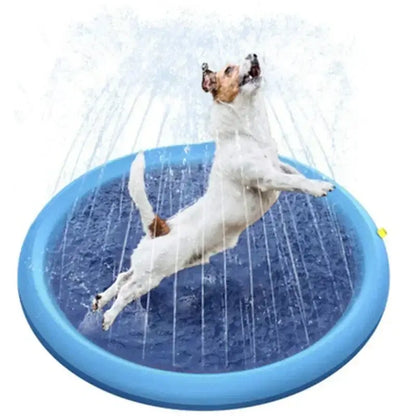 Dog jumping in large inflatable dog pool outdoor splash pad with water fountain, perfect for summer fun.