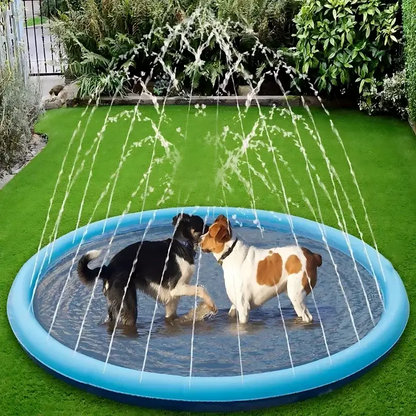 Dogs playing in a Large Inflatable Dog Pool outdoor splash pad, enjoying the summer fountain in the garden.