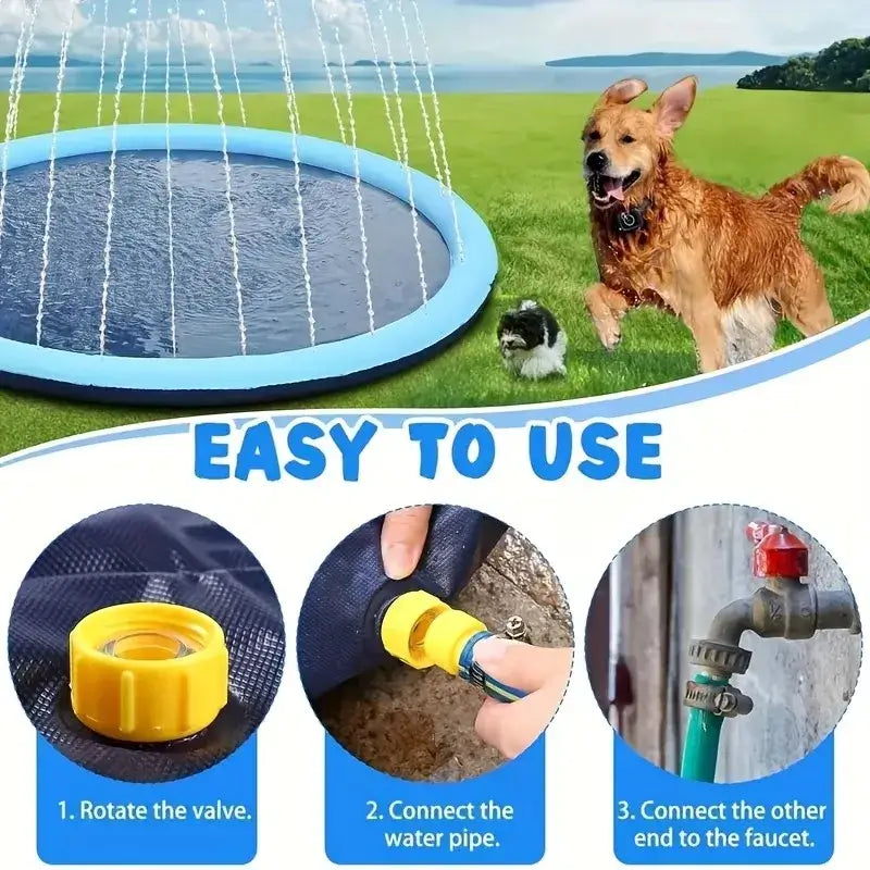 Large inflatable dog pool outdoor splash pad with easy setup instructions for summer fun.