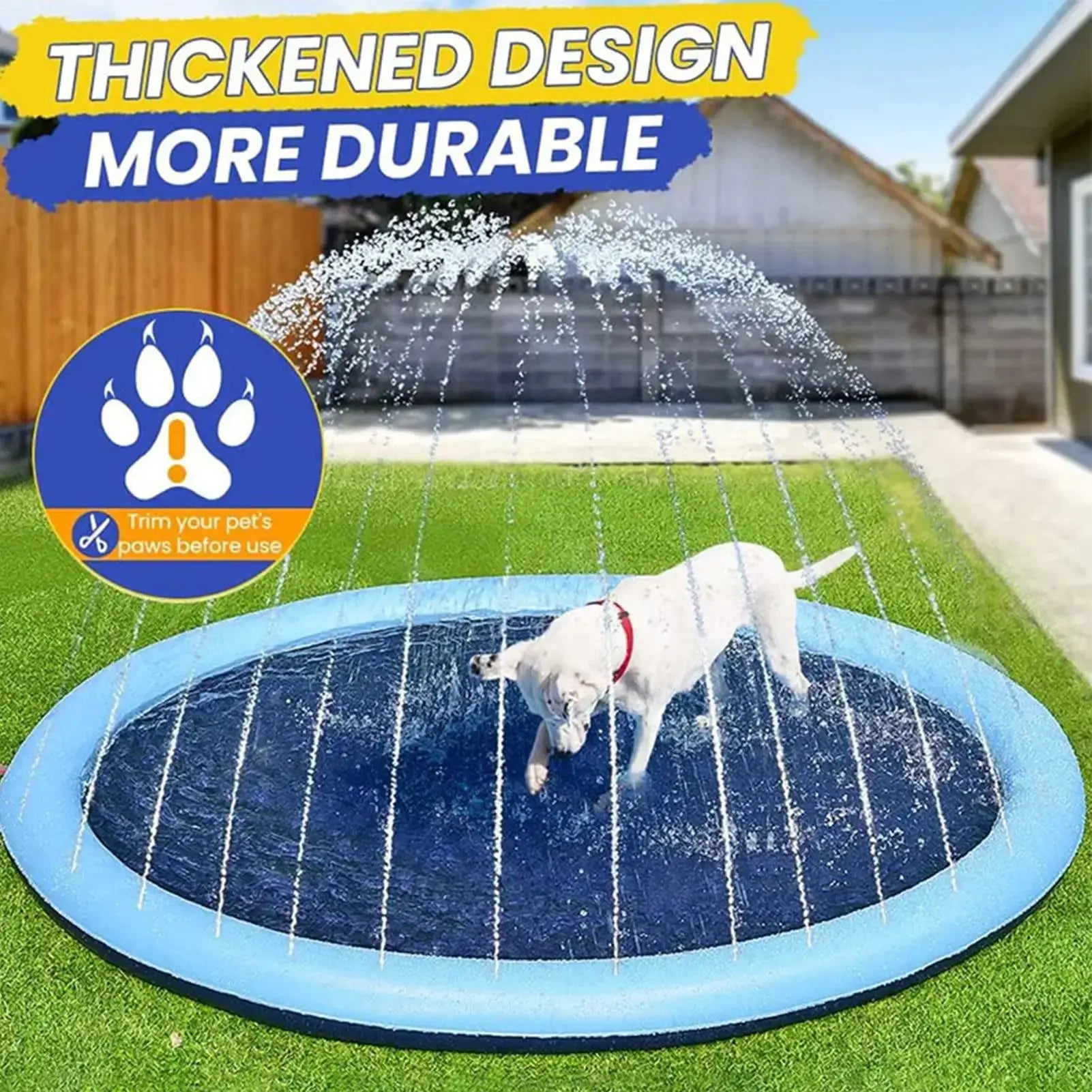 Large inflatable dog pool with water spray feature, perfect for summer fun and cooling pets outdoors.