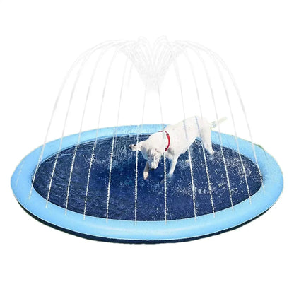 large inflatable dog pool with water fountain, perfect for summer fun and cooling off pets outdoors.