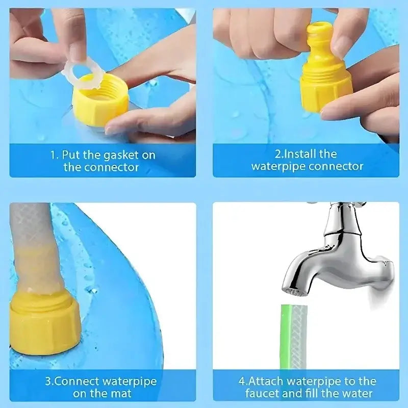 Step-by-step instructions for connecting an inflatable dog pool outdoor splash pad to a water supply.