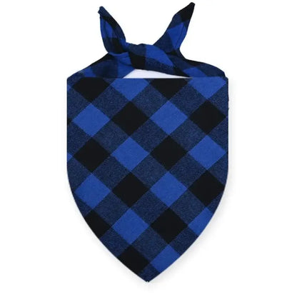 Blue plaid dog bandana scarf, washable cotton triangular bib for dogs, cats and puppies with tie collar