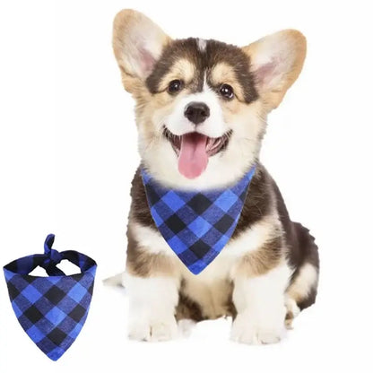 Plaid dog bandana scarf for puppies, blue cotton triangular bib pet accessory with easy tie collar