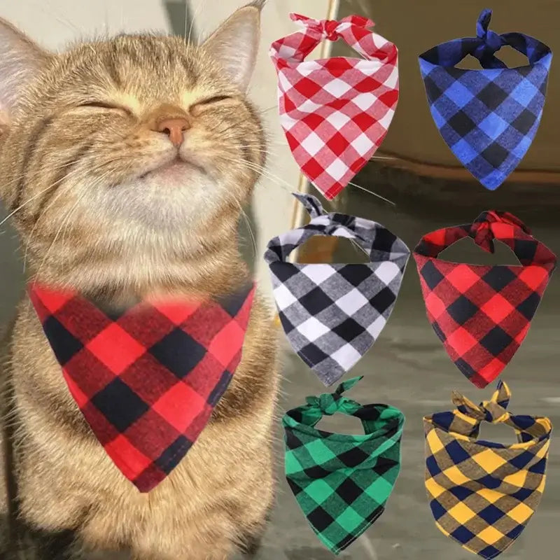 Plaid dog bandana scarf on cat, washable cotton pet scarf bib in multiple colors