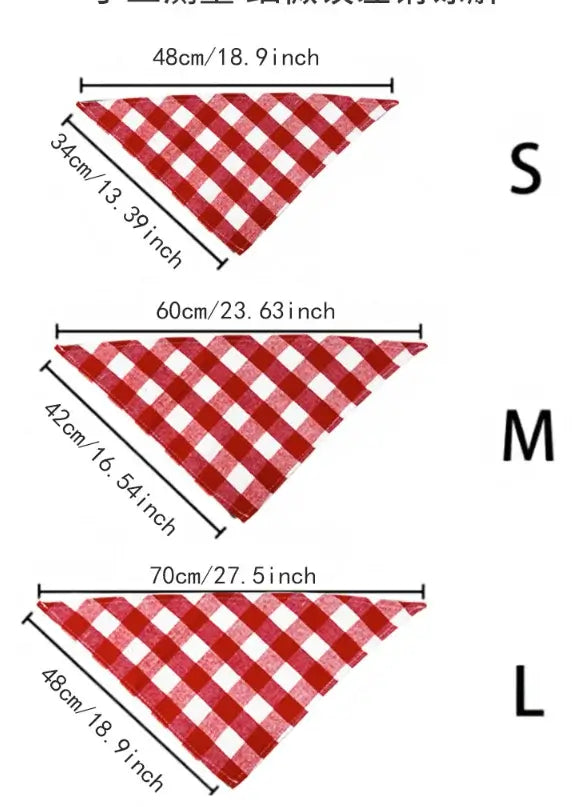 Plaid dog bandana scarf in red and white, triangular pet bib sizes S M L for dogs and cats