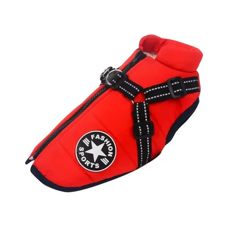 Red waterproof dog winter jacket with harness for large dogs, winter warm cotton coat for Labrador, Chihuahua, French Bulldog