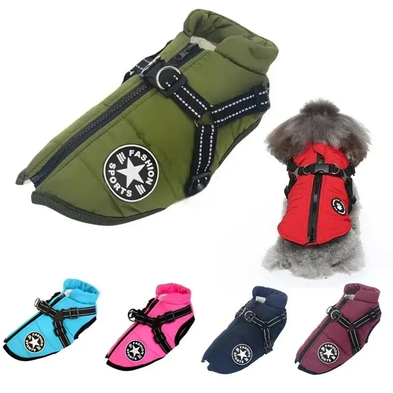 waterproof dog winter jacket with harness for large dogs, warm adjustable pet coat for Labrador, Chihuahua, French Bulldog