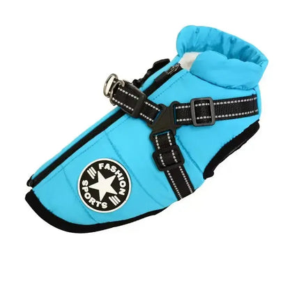 Blue waterproof dog winter jacket with harness for large dogs, warm winter coat for Labrador, Chihuahua, and French Bulldog