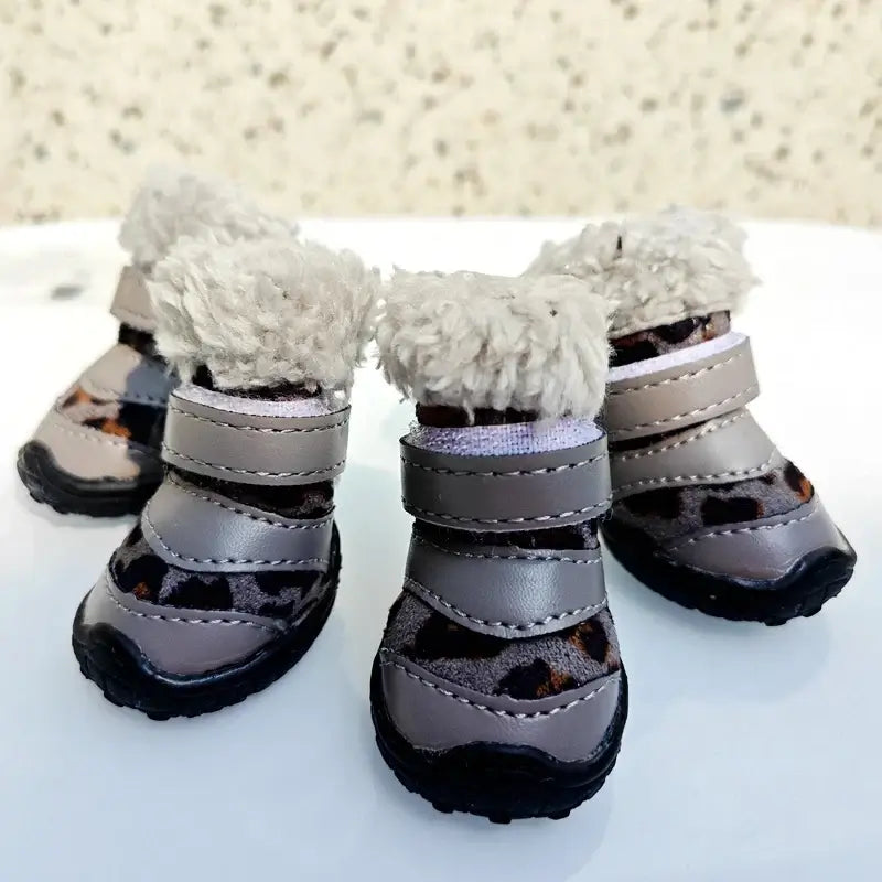 winter leopard boots for small dogs, stylish pet shoes for cold weather, perfect for chihuahuas and small breeds.