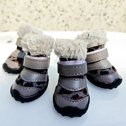 winter leopard boots for small dogs, stylish pet shoes for cold weather, perfect for chihuahuas and small breeds.