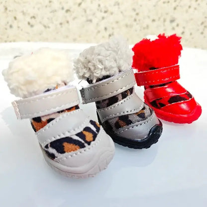 winter leopard boots for small dogs in red, grey, and black colors for pet walking.