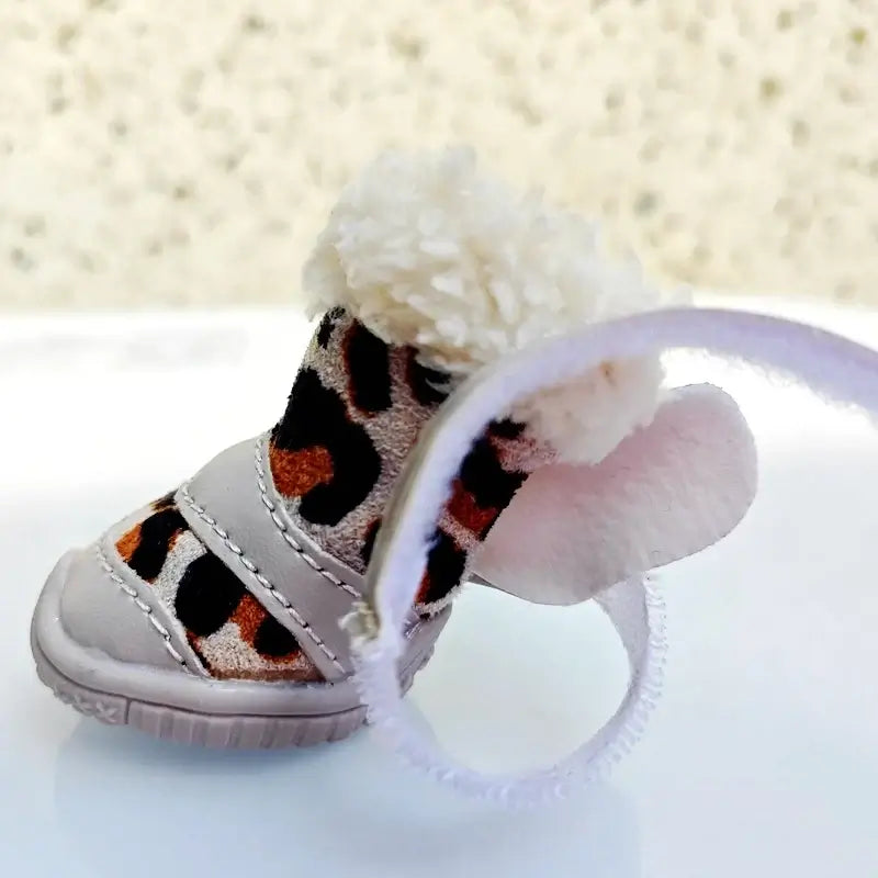 winter leopard boots for small dogs, stylish pet shoes for chihuahuas and small breeds, soft material with plush.