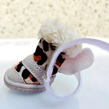 winter leopard boots for small dogs, stylish pet shoes for chihuahuas and small breeds, soft material with plush.
