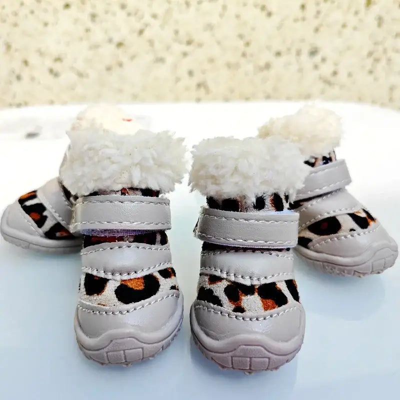 winter leopard boots for small dogs in gray and cream colors for cold weather pet wear, ideal for chihuahuas.