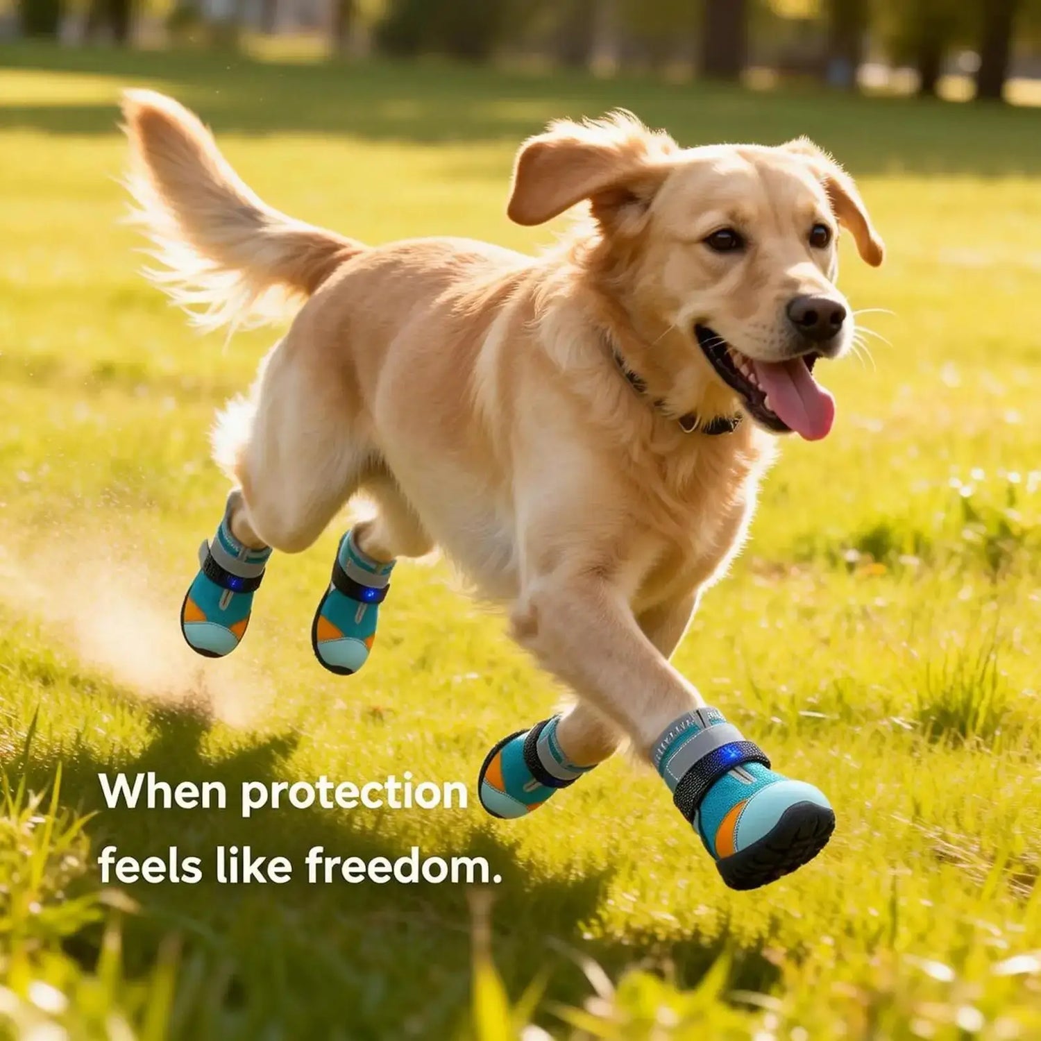 Light up dog shoes for summer on a happy golden retriever running in a grassy field.