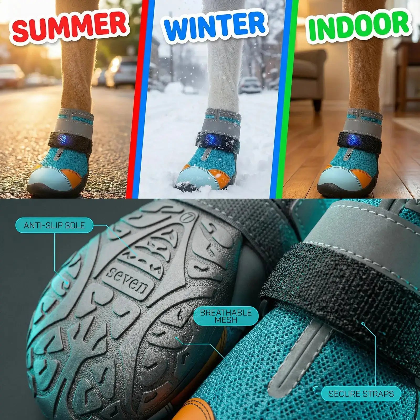 Light up dog shoes for summer with anti-slip sole, breathable mesh, and secure straps for all seasonal outdoor activities.