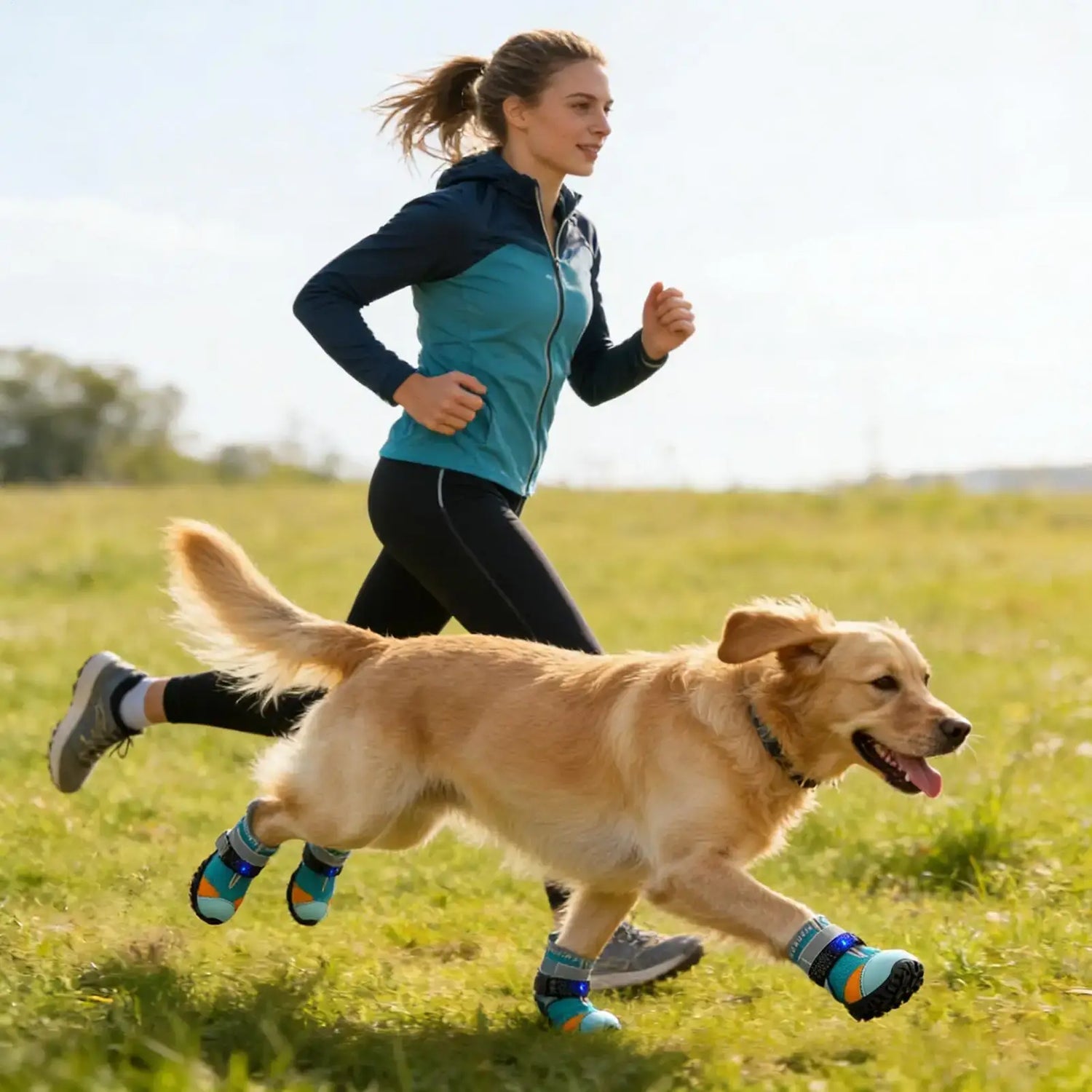 Light up dog shoes for summer on a golden retriever as it runs with its owner in a sunny outdoor field.