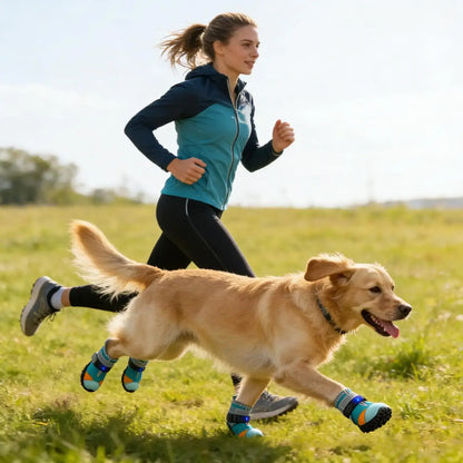 Light up dog shoes for summer on a golden retriever as it runs with its owner in a sunny outdoor field.