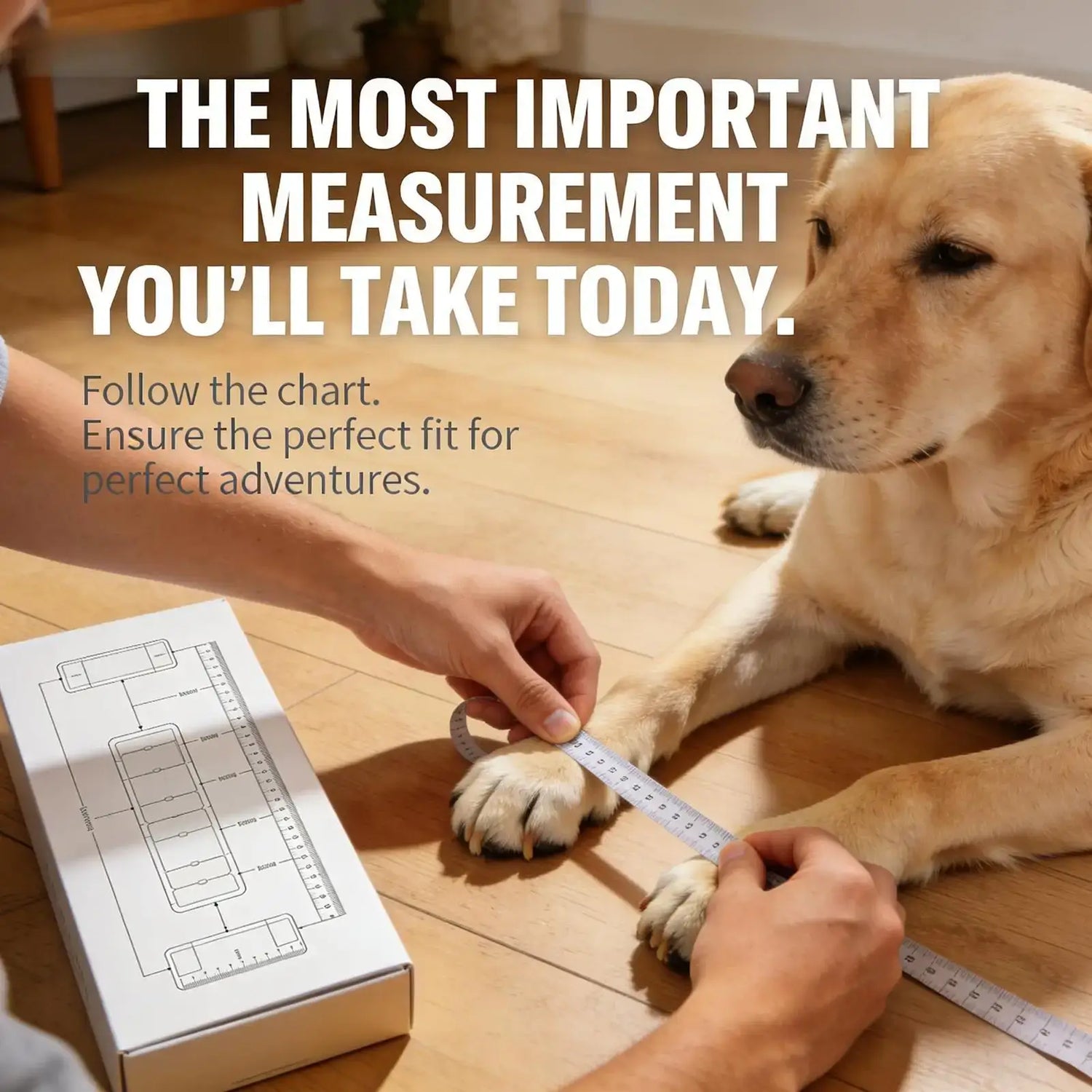 Light up dog shoes for summer fit measurement with a dog and measuring tape on the floor.