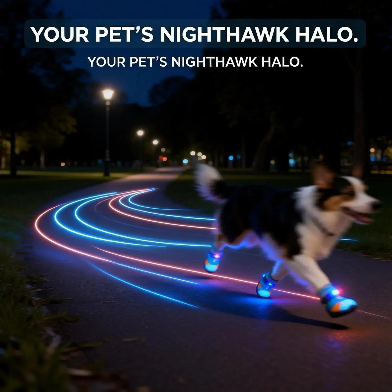 light up dog shoes for summer glowing sneakers on a dog running at night with colorful lights in the park