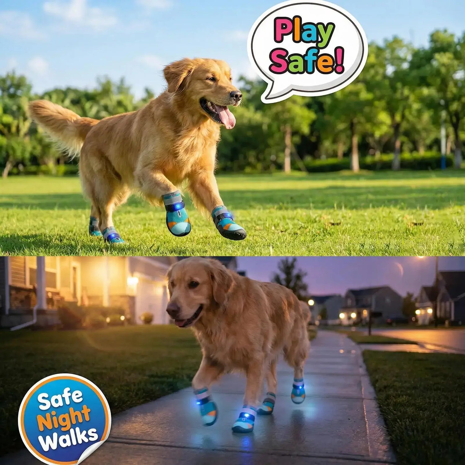 Golden Retriever wearing light up dog shoes for summer during day and night walks, ensuring safety and visibility.