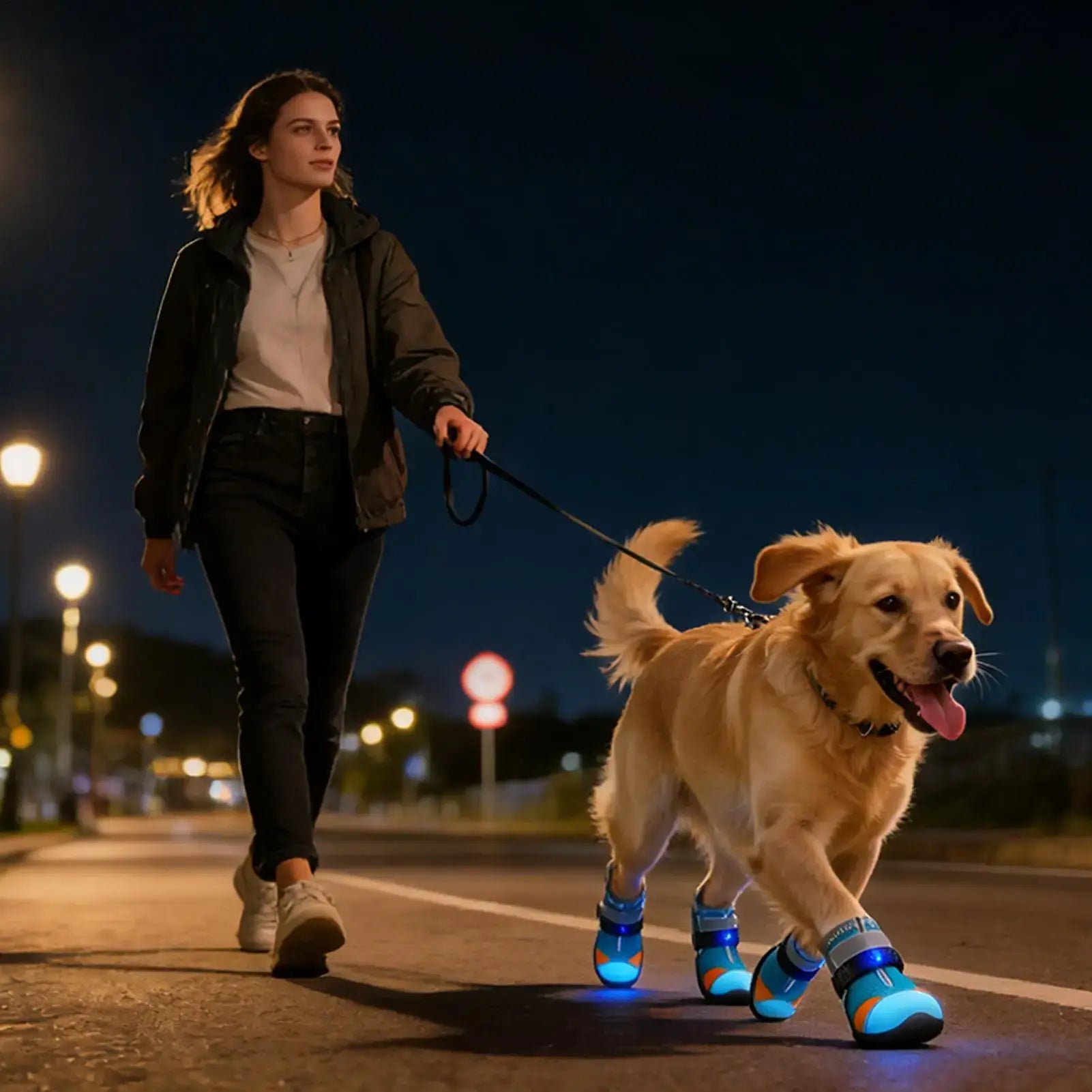 Woman walking a glowing dog in light up dog shoes for summer at night on a well-lit street.